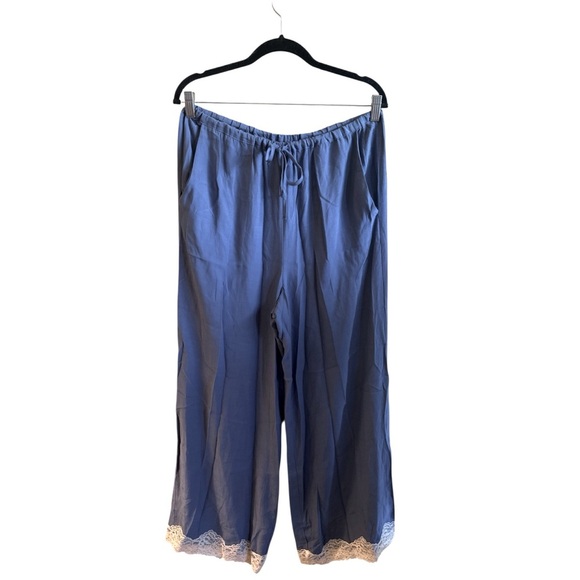 Anthropologie Lace Trim Silky Pants Size Medium Blue Drawstring Waist Pockets - Picture 4 of 14
